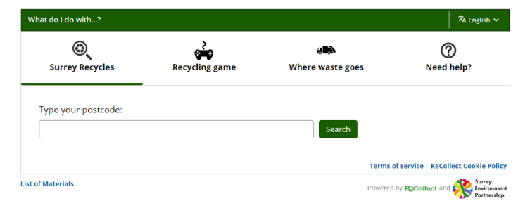 Surrey Recycles search tool