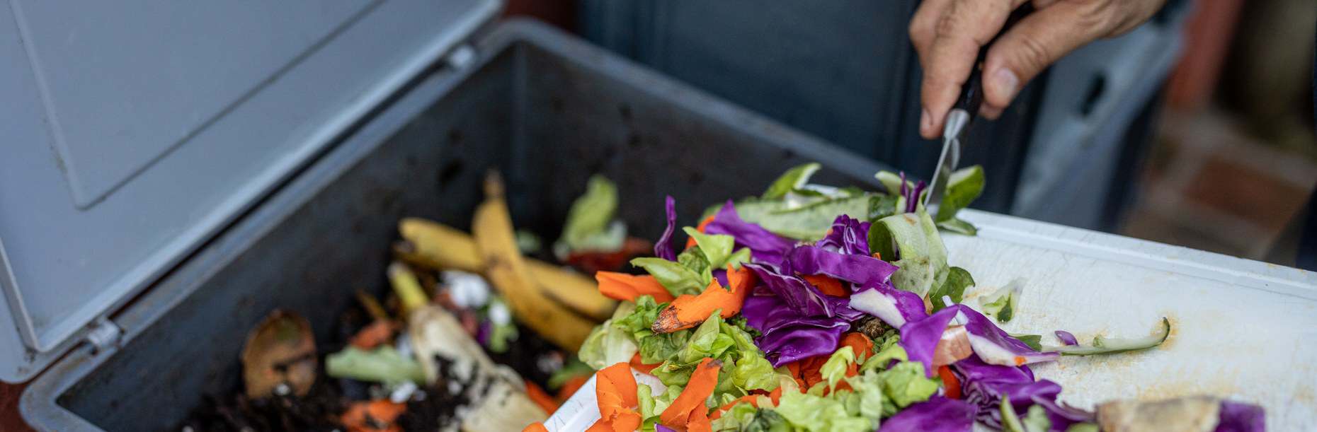 Food waste being scraped from a board into a kerbside food waste bin