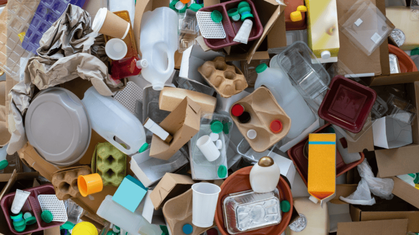 Pile of mixed recycling and rubbish. Including plastic bottles, cardboard boxes and trays, plastic trays, lids and takeaway coffee cups.