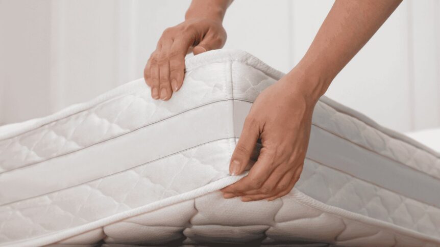 Two hands lifting up the corner of a white mattress