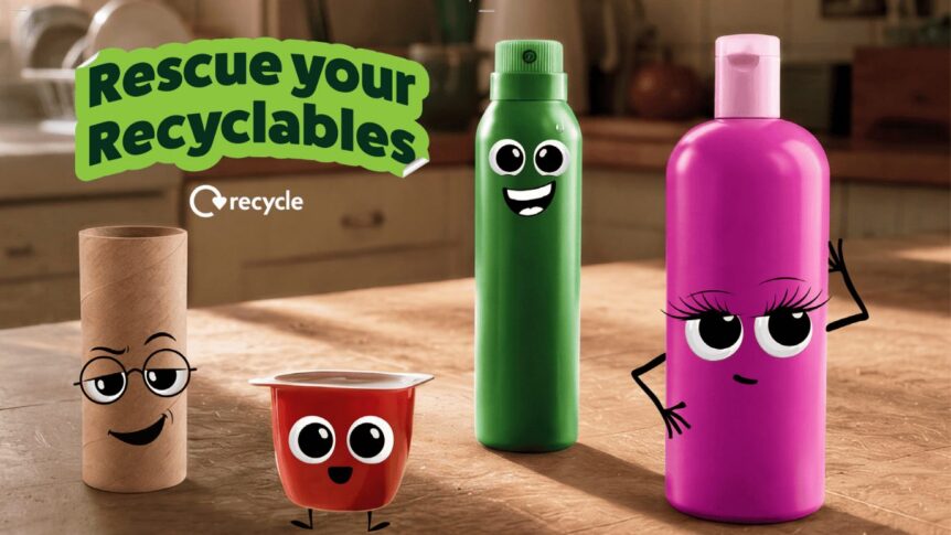 Text: Rescue Your Recyclables. Image of a toilet roll, yoghurt pot, aerosol cans and shampoo bottle with faces